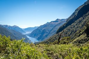 View of Doubtful Sound on a fine day from Wilmot Pass in New Zealand